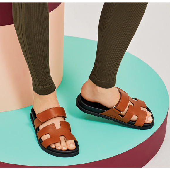 Hermes Chypre Sandal Natural Brown Gold Black H Logo Slide Slip On Flat 37.5 - Picture 3 of 12